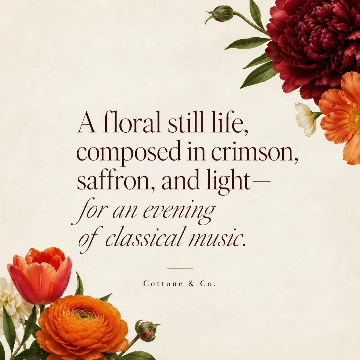 A floral still life, composed in crimson, saffron, and light&mdash;

Renaissance-inspired arrangements designed for an evening of classical music, where each bloom felt less placed than composed: painterly, dramatic, and quietly alive.

Florals by @c