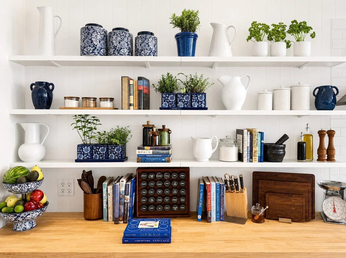 A kitchen designed for gathering &mdash; layered with cookbooks, fresh herbs, collected ceramics, and every detail thoughtfully placed for the perfect dinner party atmosphere. Designed by Cottone &amp; Co, where functionality feels effortlessly beaut