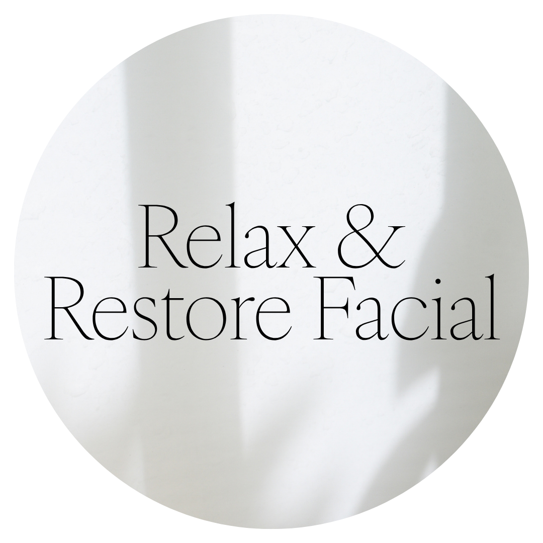 A white circular background with the black text 'Relax & Restore Facial' centered on it.