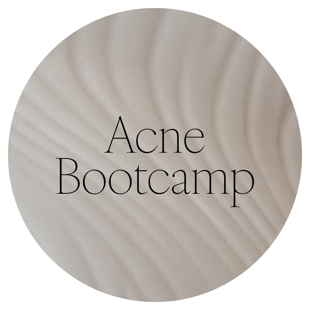 Text overlay on a beige, textured shell-shaped background reads 'Acne Bootcamp'.