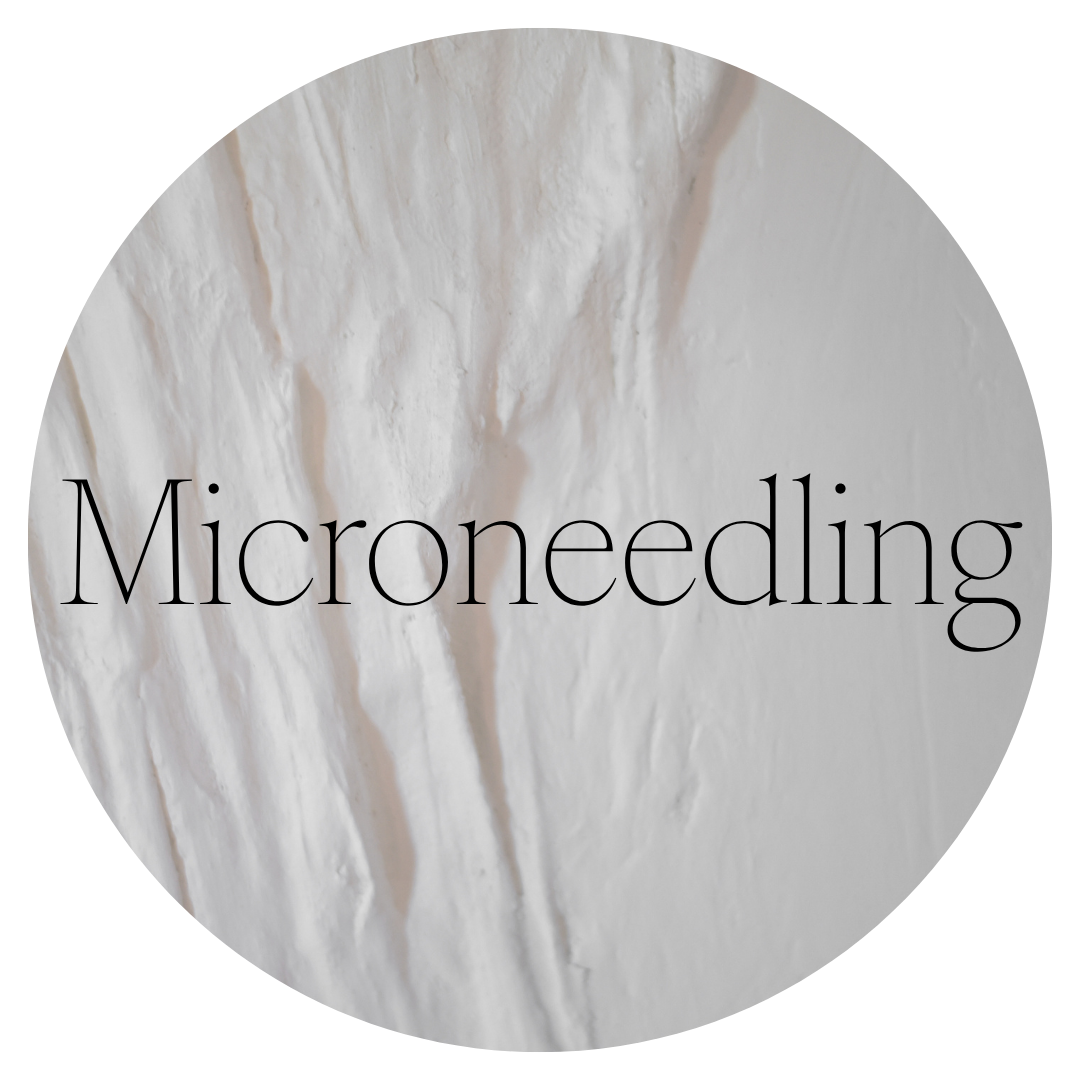 Close-up of white textured wall with the word "Microneedling" overlayed in black font.