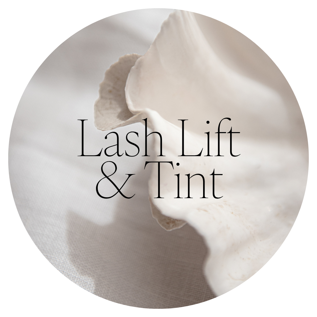 A close-up of white flower petals with the text "Lash Lift & Tint" overlayed, indicating a beauty treatment advertisement.