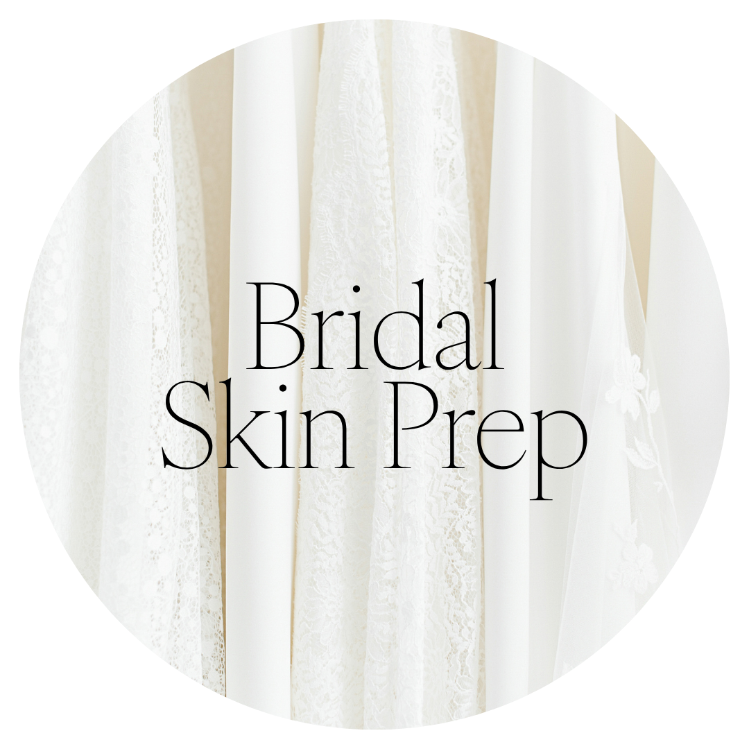 Text overlay on a background of white lace fabrics reads 'Bridal Skin Prep'.
