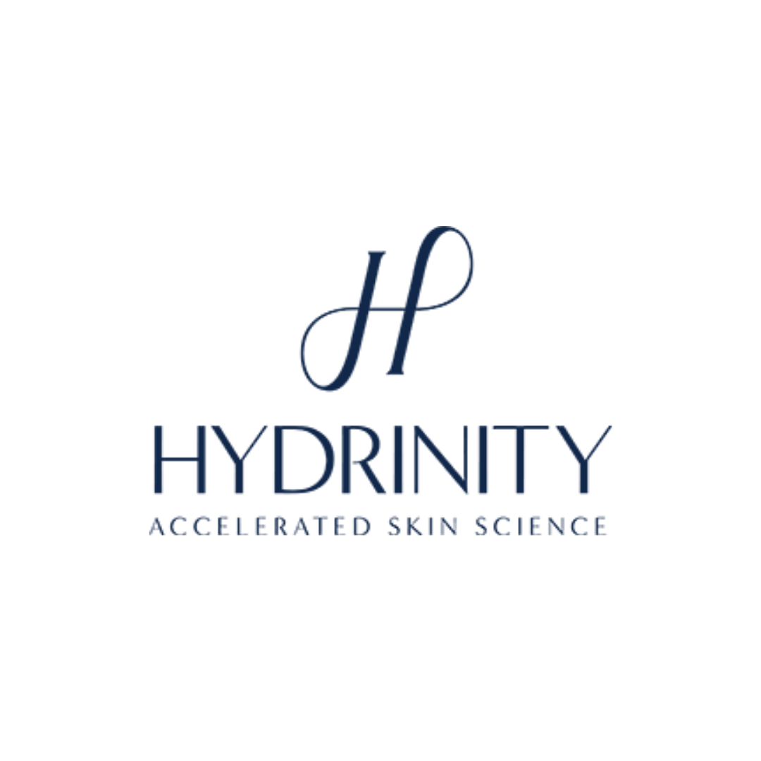 Logo for Hydrinity with the tagline 'Accelerated Skin Science' in navy blue font.