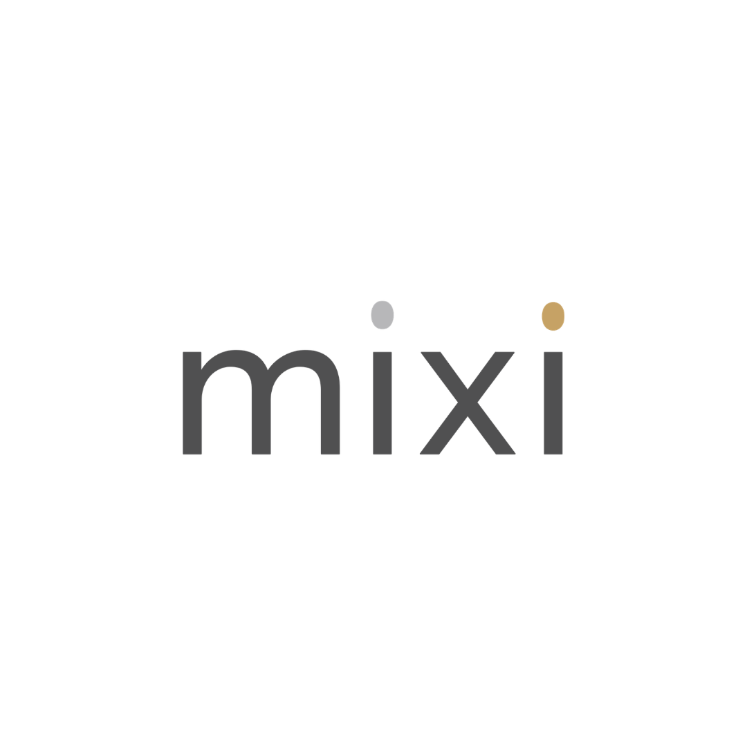 Black background with the word 'mixi' in gray lowercase letters and two dots above the 'i'—one gray and one gold.