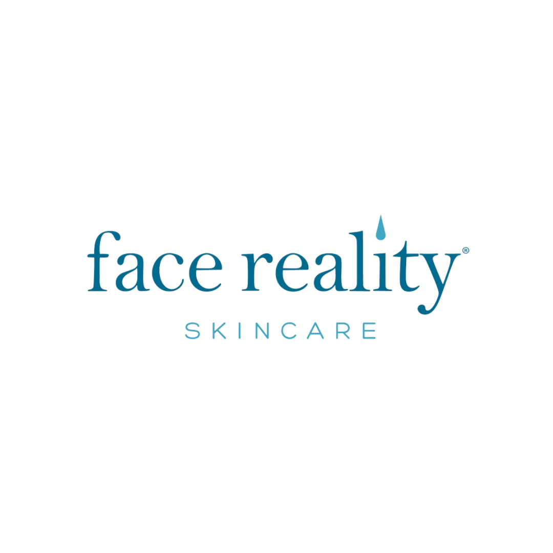 Logo for Face Reality Skincare featuring a stylized scalp with black hair and a blue drop of water, and the text 'face reality' in blue with 'SKINCARE' underneath.