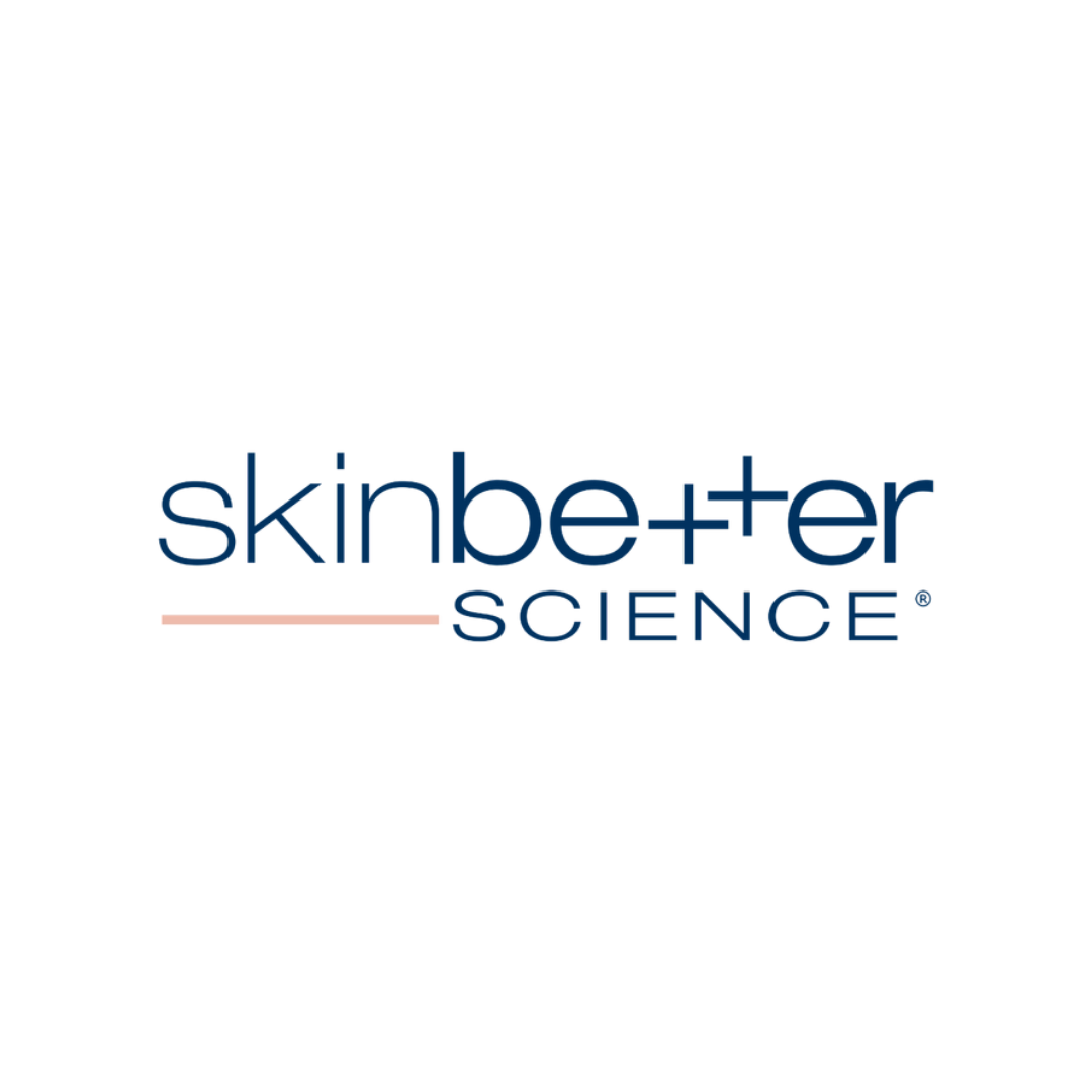 Logo of SkinBetter Science with black background, navy blue and pink text, and a pink underline.