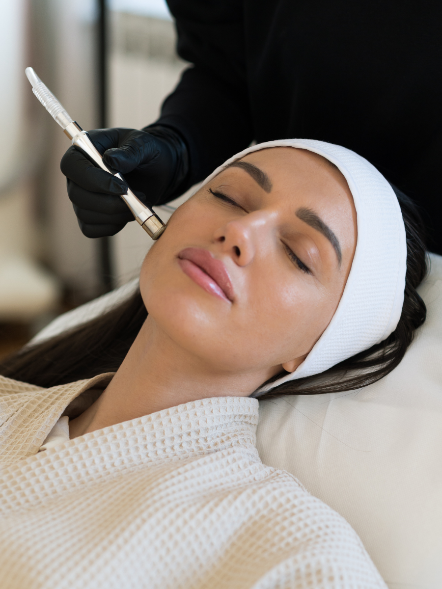 A woman receiving a cosmetic facial treatment with a syringe from a practitioner wearing black gloves.