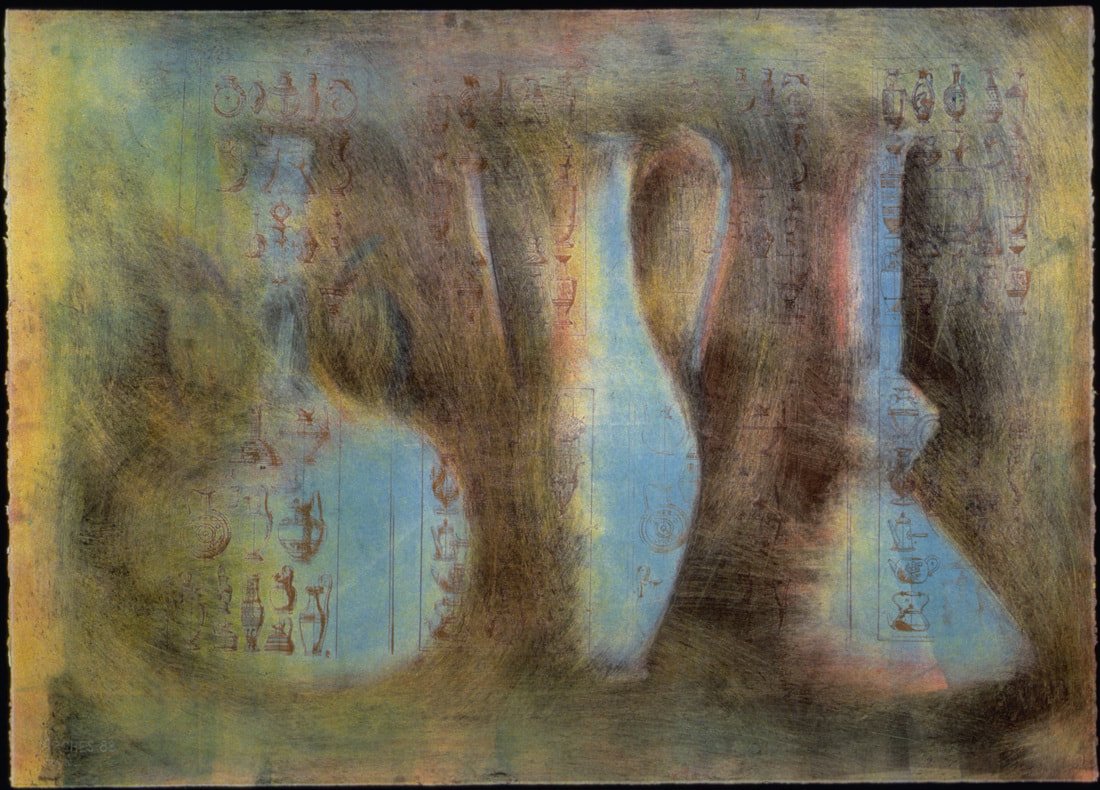 Three Pitchers Blue, 
monotype w/ screenprint, 30" x 42"