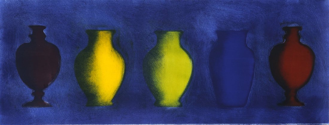 Dark Vessels, G,Y,Y,B,R Monotype, 18" x 48"