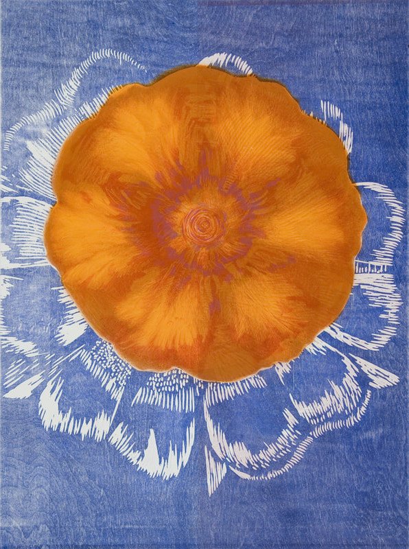 Orange Blossom, 
monotype w/ woodcut, 30" x 22"