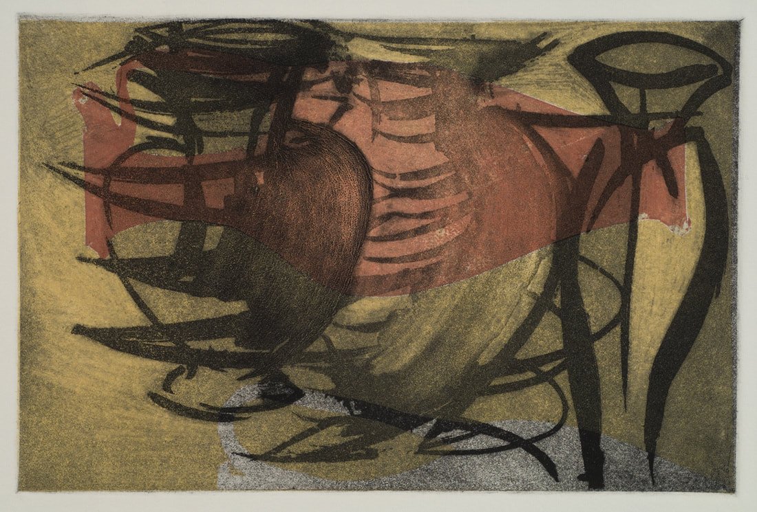 She Leaves Three, color intaglio, 
8" x 10" image, 11" x 15" paper