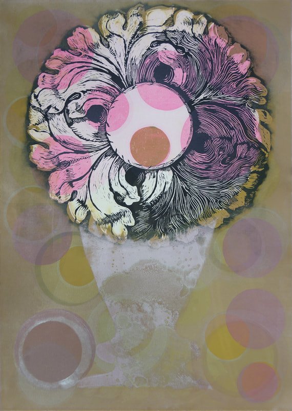 Target Blossom III,
monotype w/ woodcut, 42" x 30"