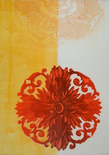 Red Emblem, 
monotype w/ woodcut, 42" x 30"
