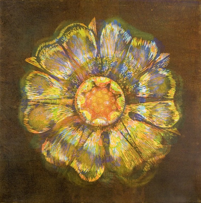 Brown Blossom, 
monotype w/ woodcut, 30" x 30"