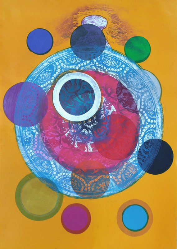 Orange Tempo,
monotype w/ woodcut, 42" x 30"
