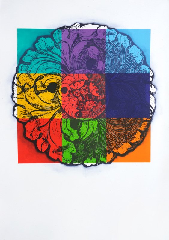 Flower Square II, 
monotype w/ woodcut, 42" x 30"