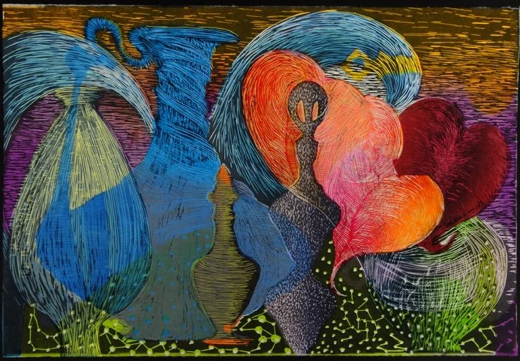 Genie in a Bottle, color woodcut, on kozo,  23" x 34", ed.3