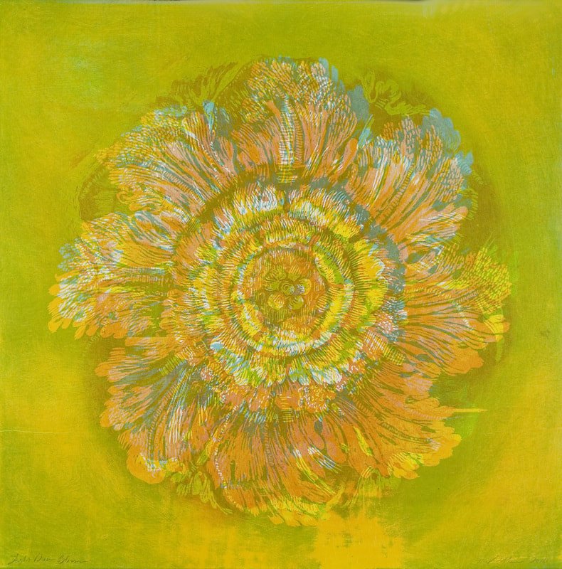 Yellow Blossom, 
monotype w/ woodcut, 30" x 30"