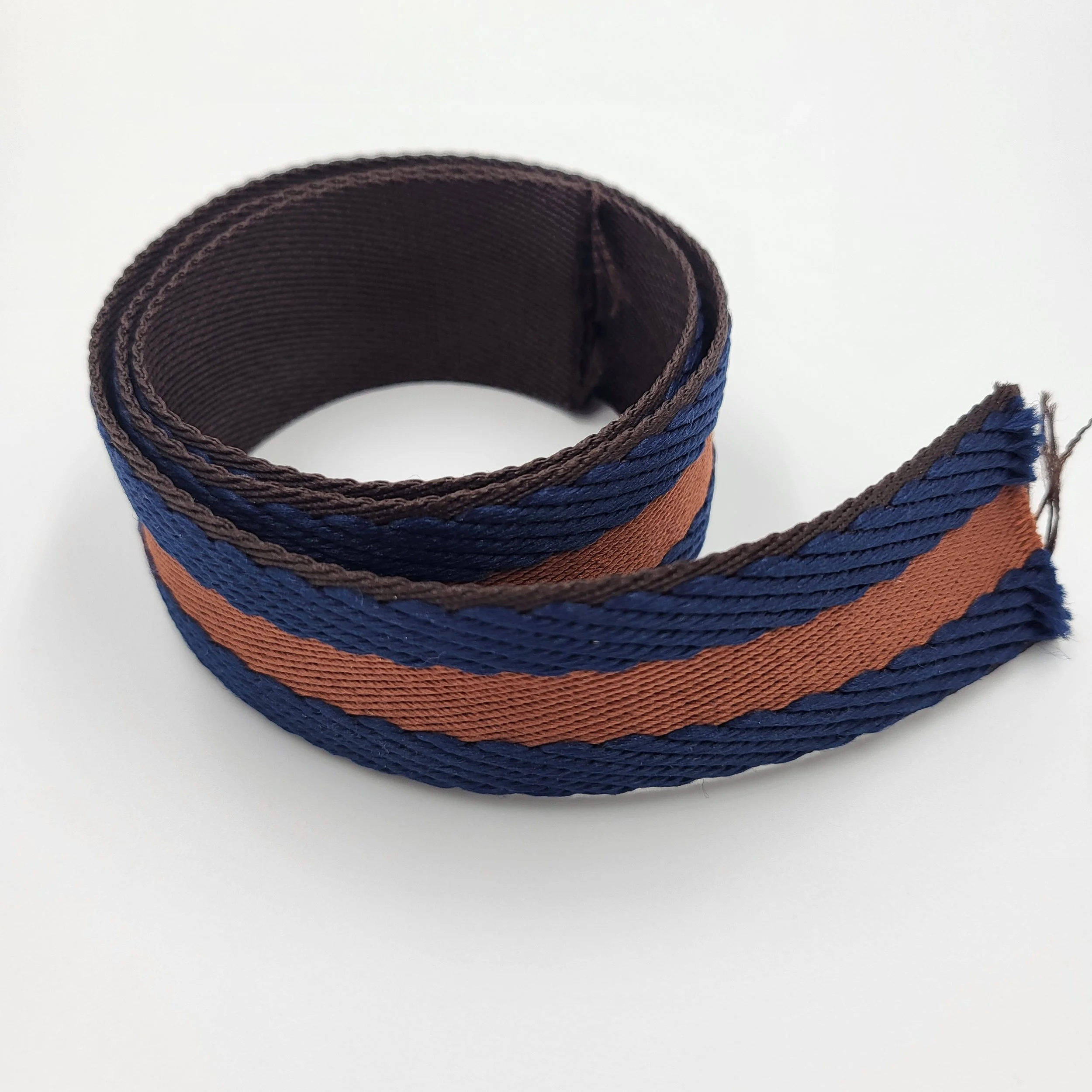 REMNANT: 40mm striped cotton webbing - brown and blue - (74cm)