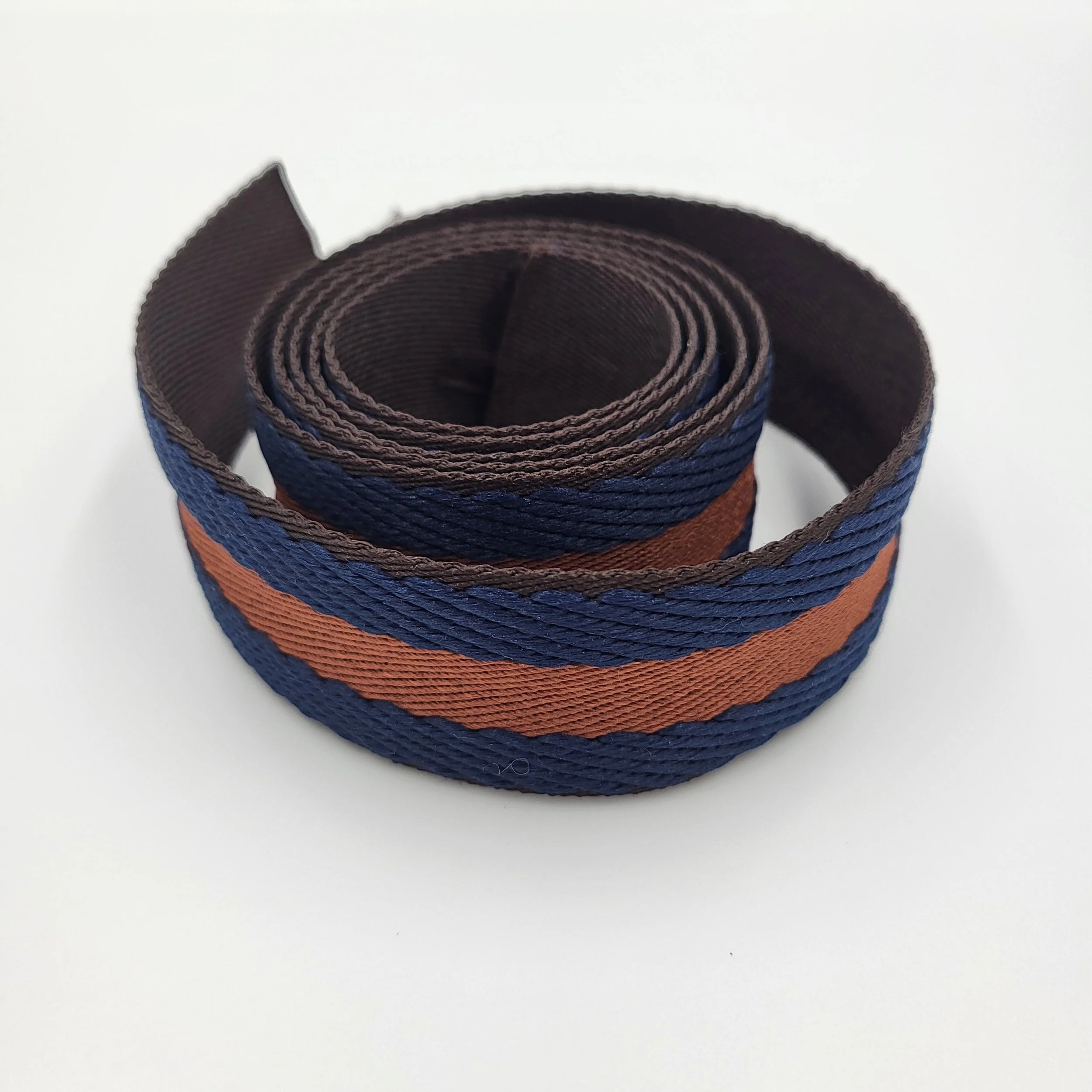 REMNANT: 40mm striped cotton webbing - brown and blue - (127cm)