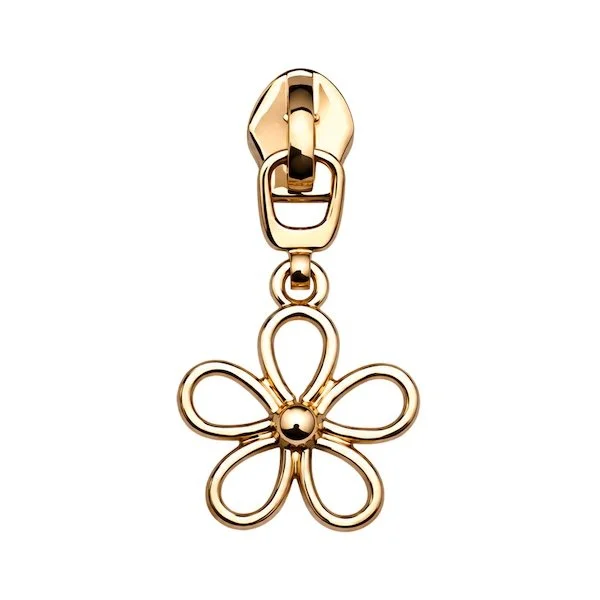 #5 gold coloured flower motif zip pull