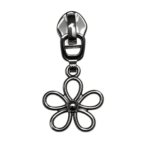 #5 gun metal coloured flower motif zip pull