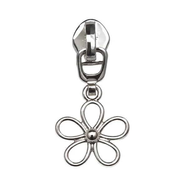 #5 silver coloured flower motif zip pull