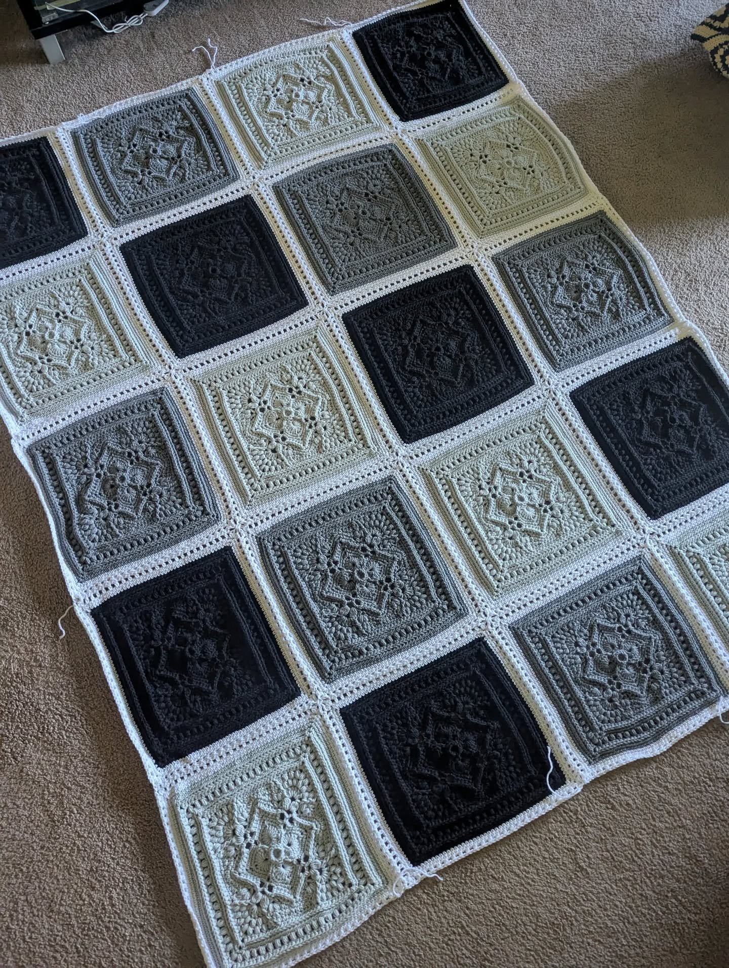The squares have been joined.  I want this beast off my couch lol.  Trying to get it done so it can be stored (or hopefully sold???). Just needs a border
#faye
#hookedongrannies 
#crochet