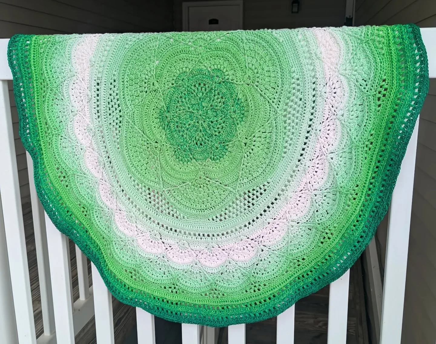 Lily Pad #2 completed.  Here they are side-by-side.  They are being gifted to twins!
#smallripples 
YarnArt Rosegarden color 319
About 37&quot;