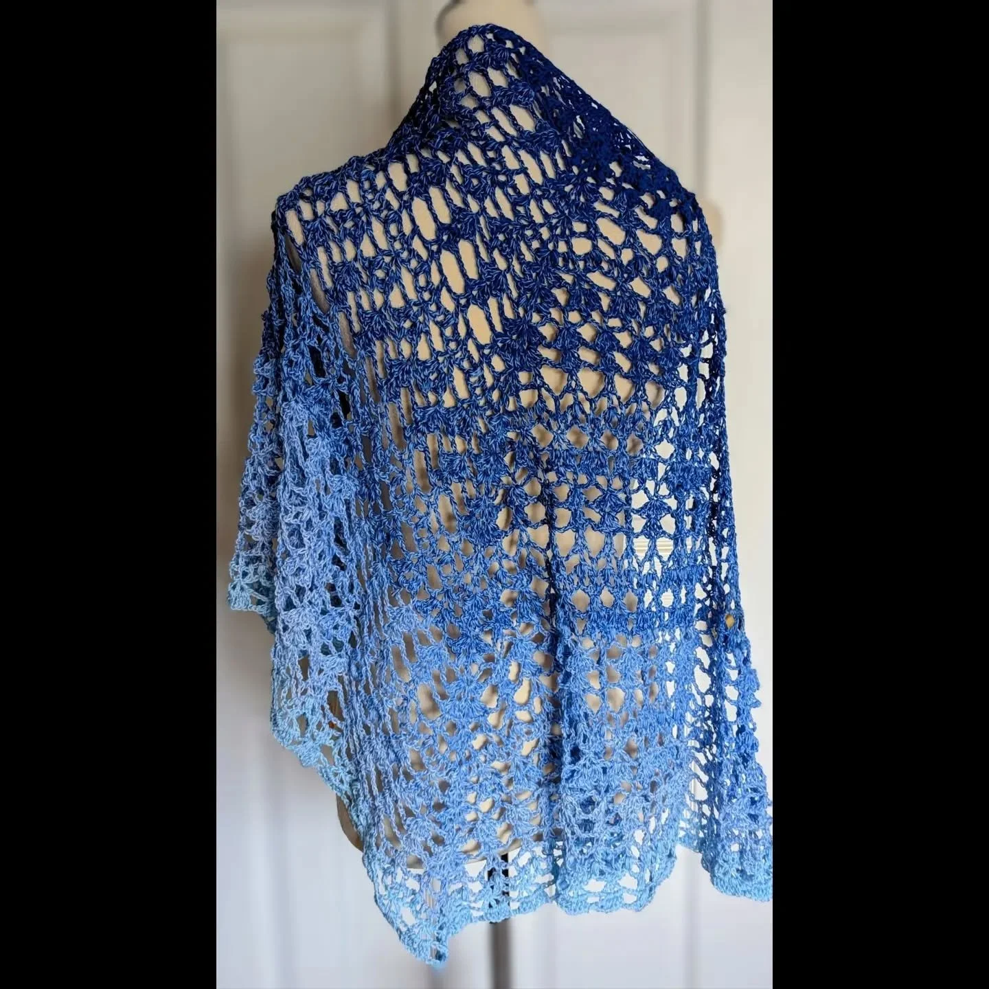 I had almost a full cake of the blue shades yarn left from the last blanket.  Found a nice quick shawl from the Polish designer I did the Queen of Hearts shawl from to use it up.  I'm about 2/3 finished.

AVAILABLE when complete!!