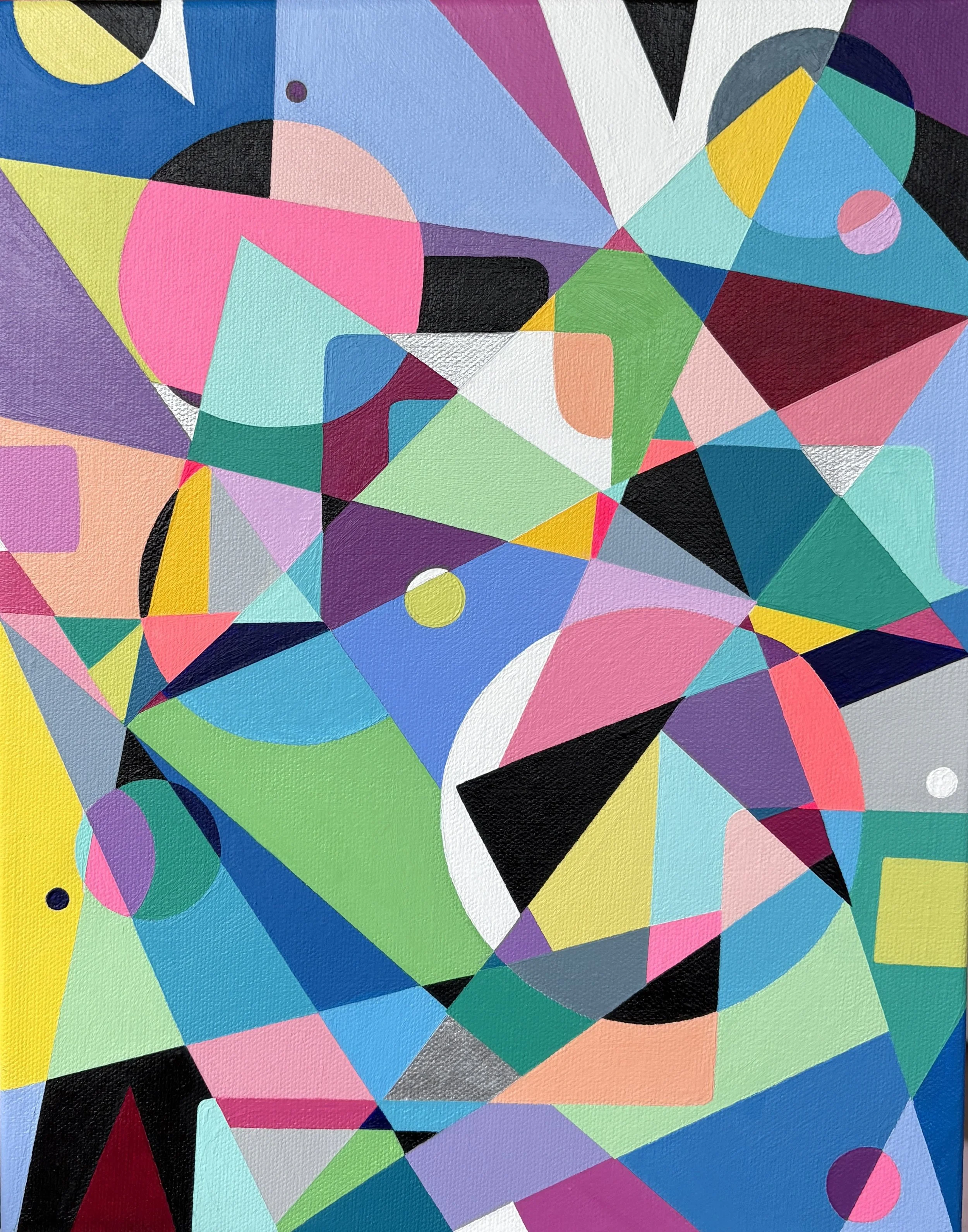 Abstract geometric colorful shapes including triangles, circles, and polygons in shades of pink, blue, green, yellow, black, purple, and white.