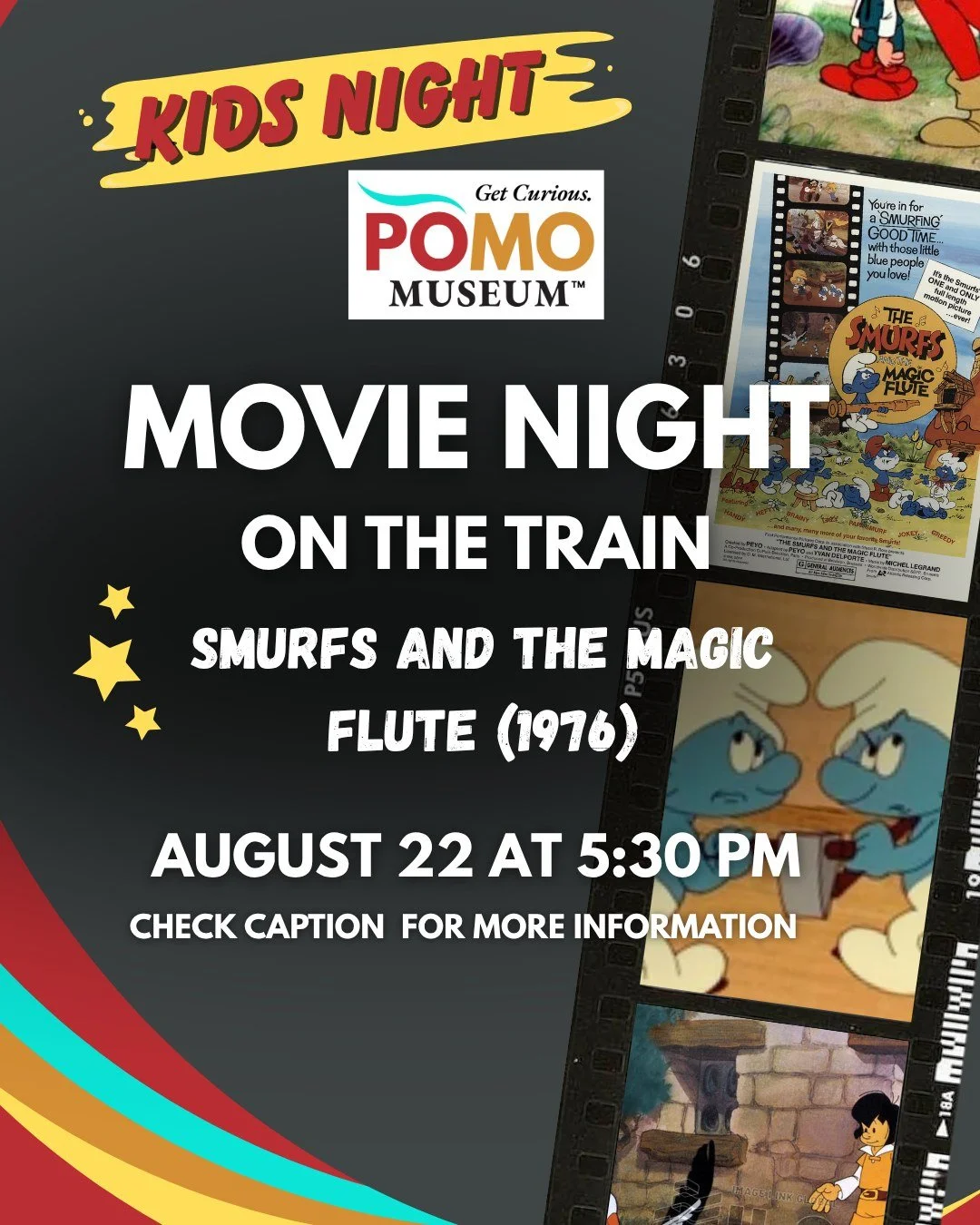 Kids Movie Night is back! This time on the train! Join us on August 22 at 5:30 pm to watch Smurfs and the Magic Flute (1976). Suitable for even for the kids at heart, here is what you need to know: 

📆When do tickets go on sale? August 4 on our webs