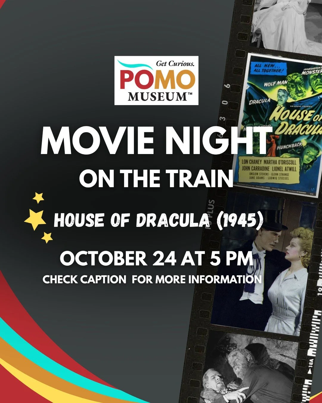 Movie Night on the Train is preparing for a spooky night. Come join us to watch House of Dracula, a 1945 classic! What do you need to know? 

🎟Tickets cost $10 a person (before tax)

🍿Will there be snacks? There will be concession available 

⏱What