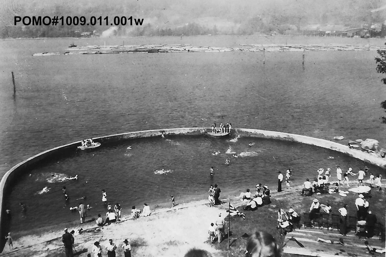 POMO# 1009.011.001w
Rocky Point, Port Moody, 1947, people swimming in the Port Moody Tidal Pool, long shot.