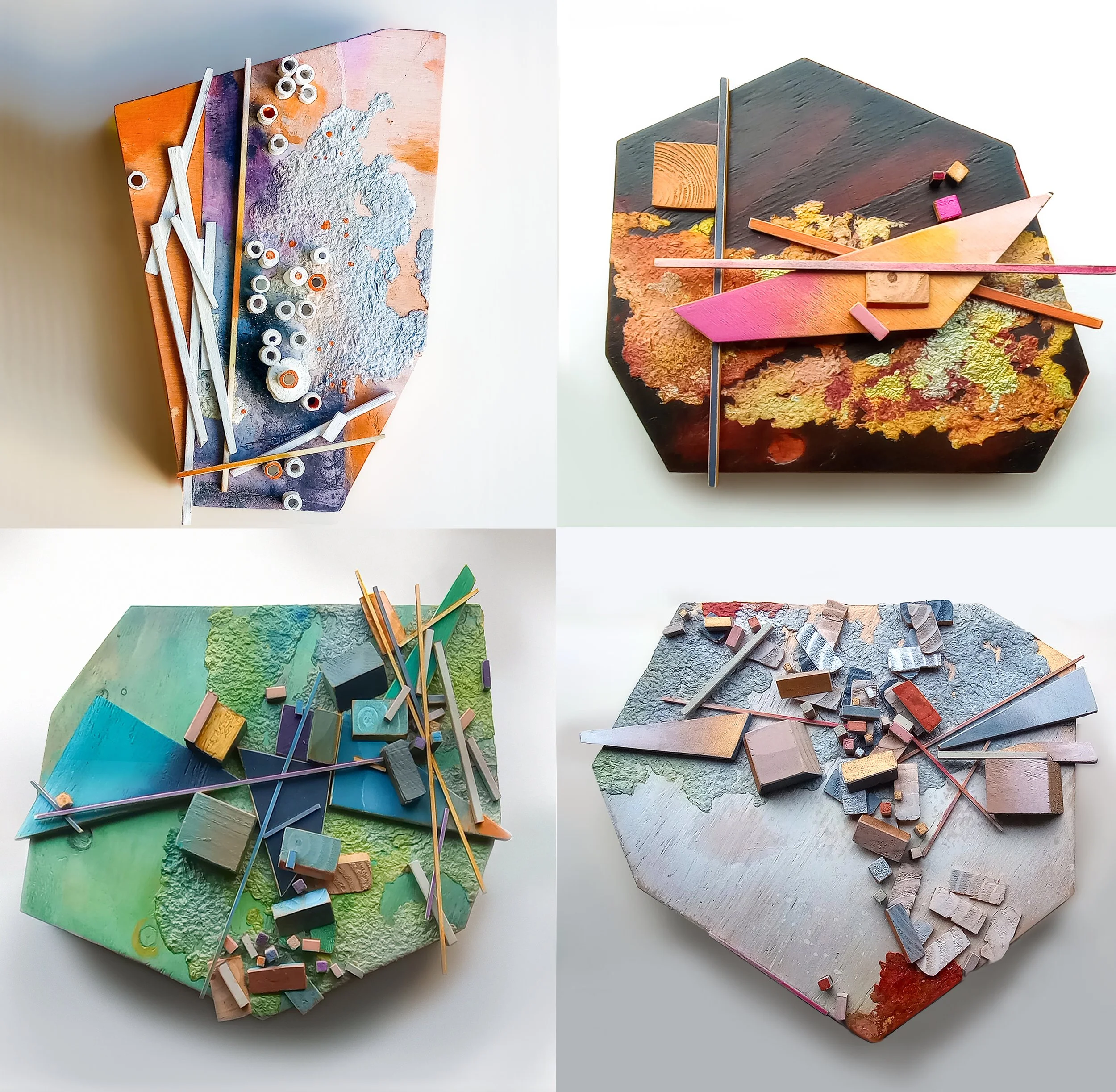 Abstract mixed media wall sculpture with wood pieces, painted in warm tones.