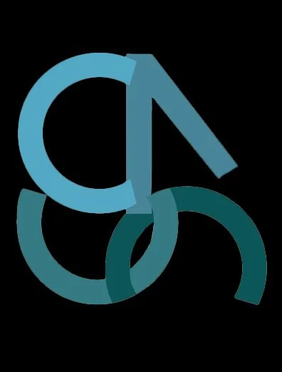 Stylized overlapping blue and teal letters forming a logo on a black background.