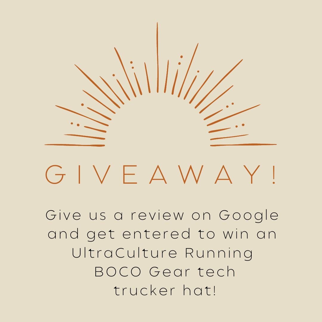 GIVEAWAY ALERT!

Give us a review on Google and comment below once completed to get entered to win an UltraCulture Running @bocogear technical trucker hat!

On the morning of 4/15, we will select a reviewer at random, and we will send them one of our
