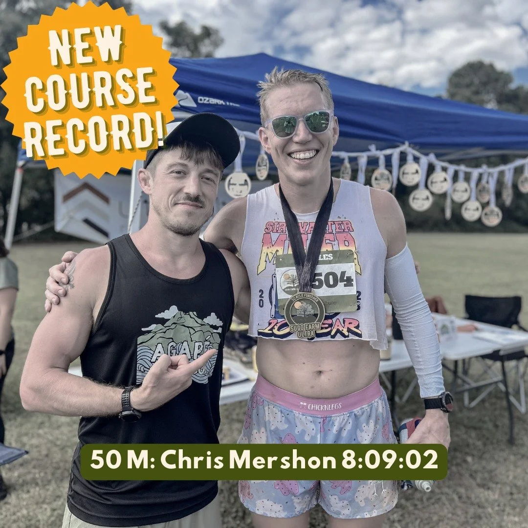 History was made at the 2025 Sugg Farm Ultra.

Four new records fell last weekend, and these runners raised the bar for what&rsquo;s possible on our course.

⭐50-mile Male: Chris Mershon 8:09:02
⭐40-mile Female: Amy Berkman 7:06:16
⭐20-mile Male: Joe