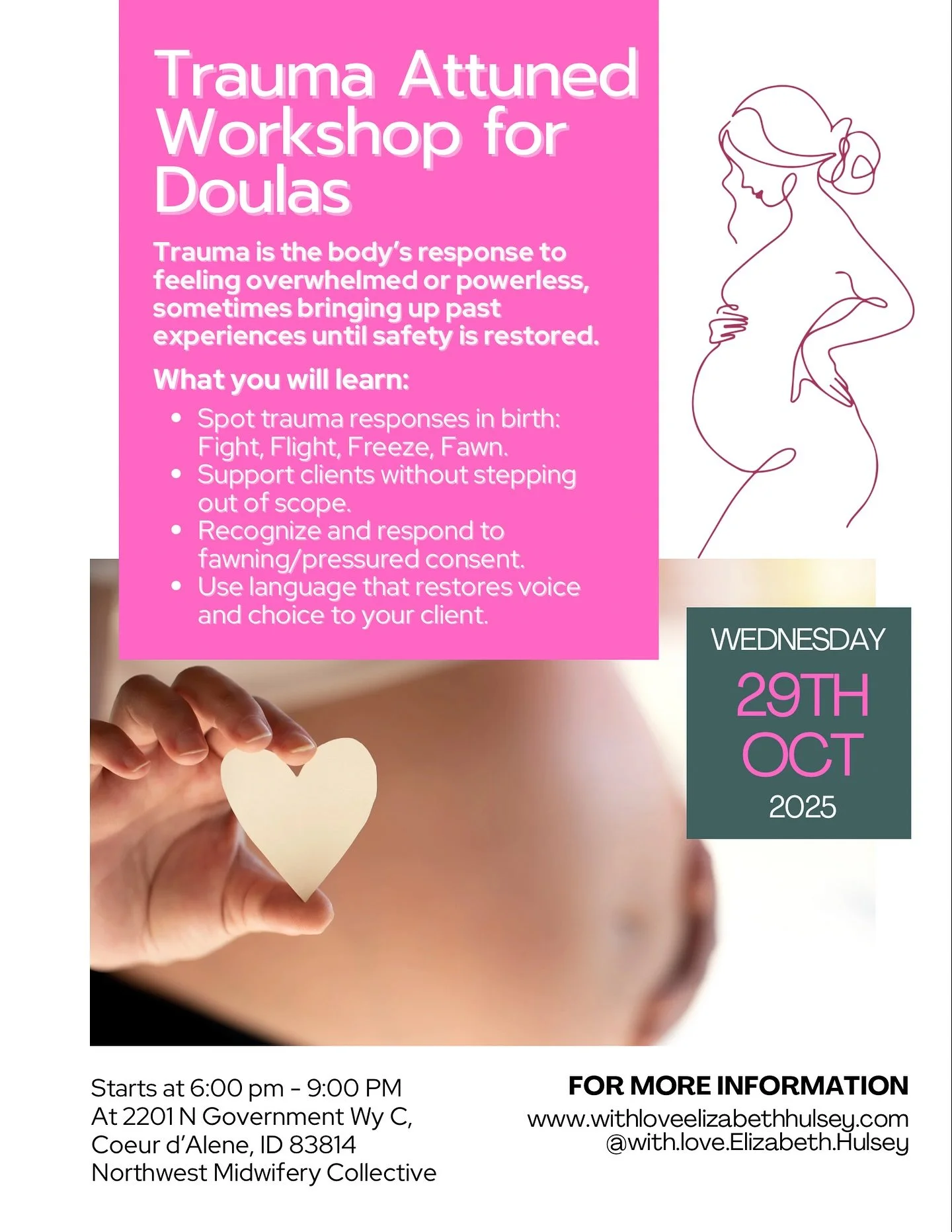 🌿 Trauma Attuned Workshop for Doulas
💜 Supporting Clients Through Birth Trauma

You already know birth is not just about the baby.

It can bring old wounds and survival patterns to the surface.

As doulas, and other birth professionals who support 