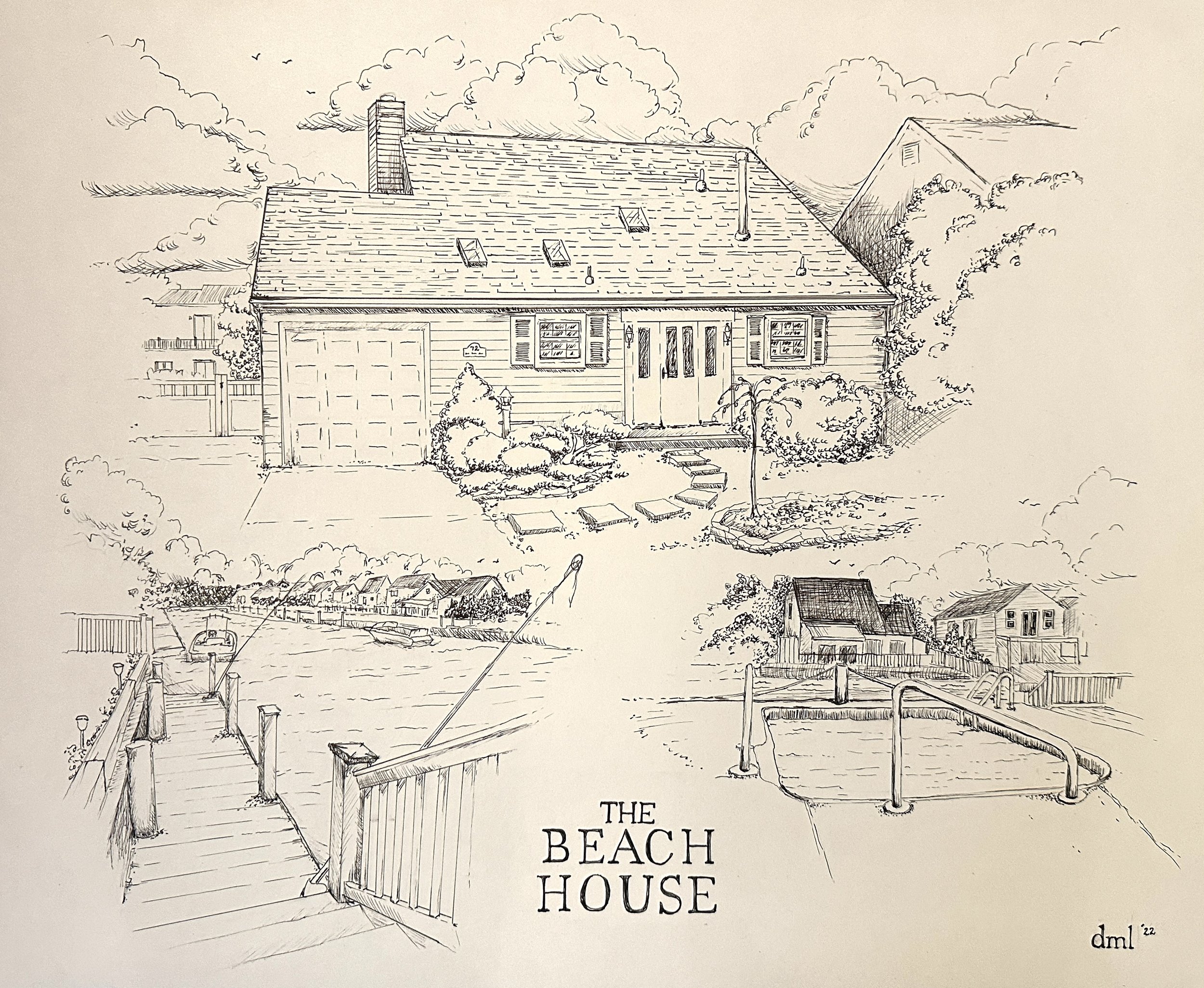 "The Beach House", 16x20, Pen and Ink on Bristol