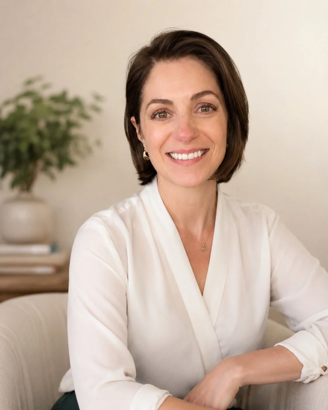 A woman with short brown hair, wearing a white blouse and gold jewelry, smiling at the camera, sitting indoors with a blurred background of a plant and furniture.