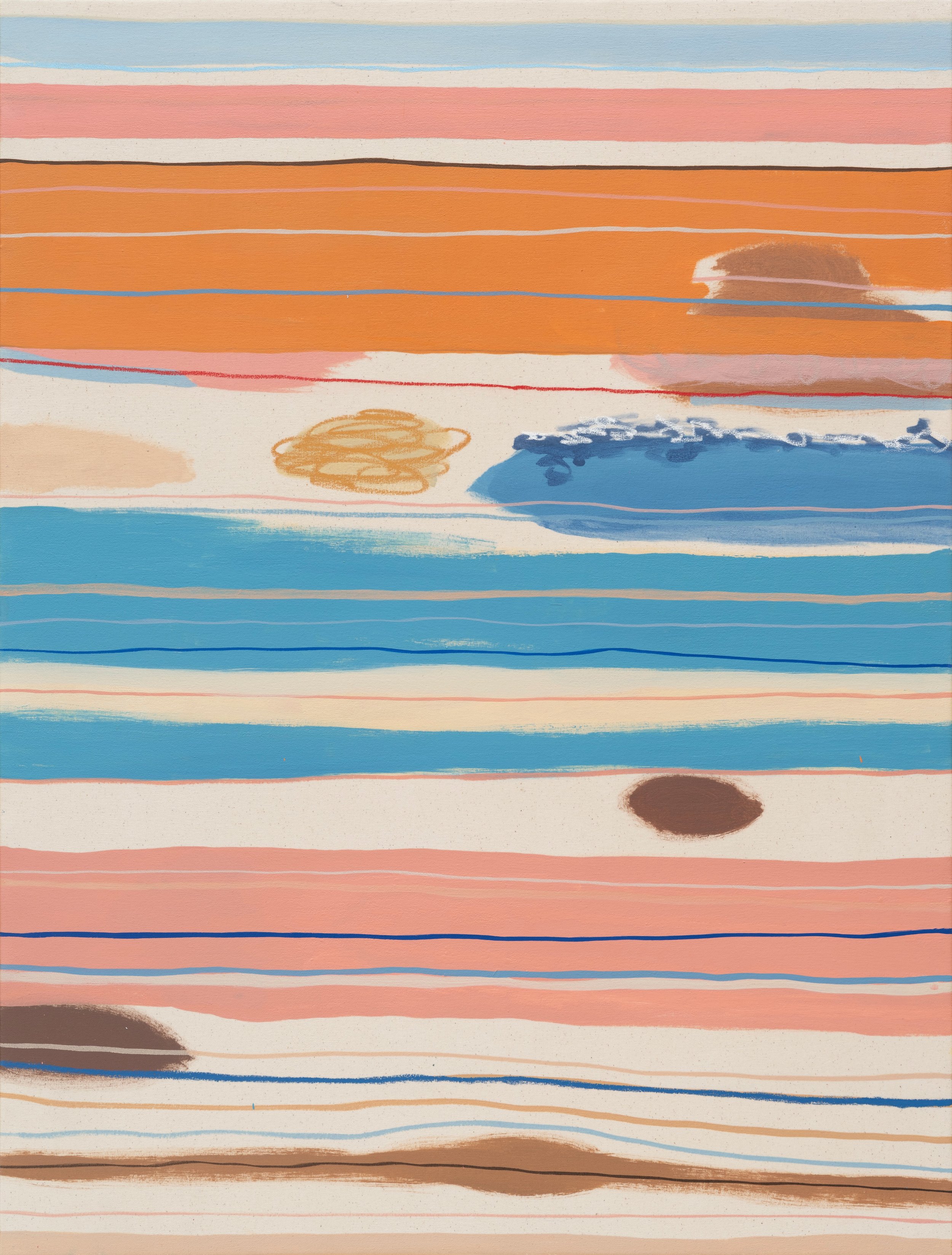 Calos des Moro II (Mallorca), 2026
Acrylic and oil stick on canvas, artist built frame
40&rdquo; x 30&rdquo;

-

Summer has a way of softening time. Days stretch a little longer, light lingers on everything, and ordinary moments begin to feel suspend