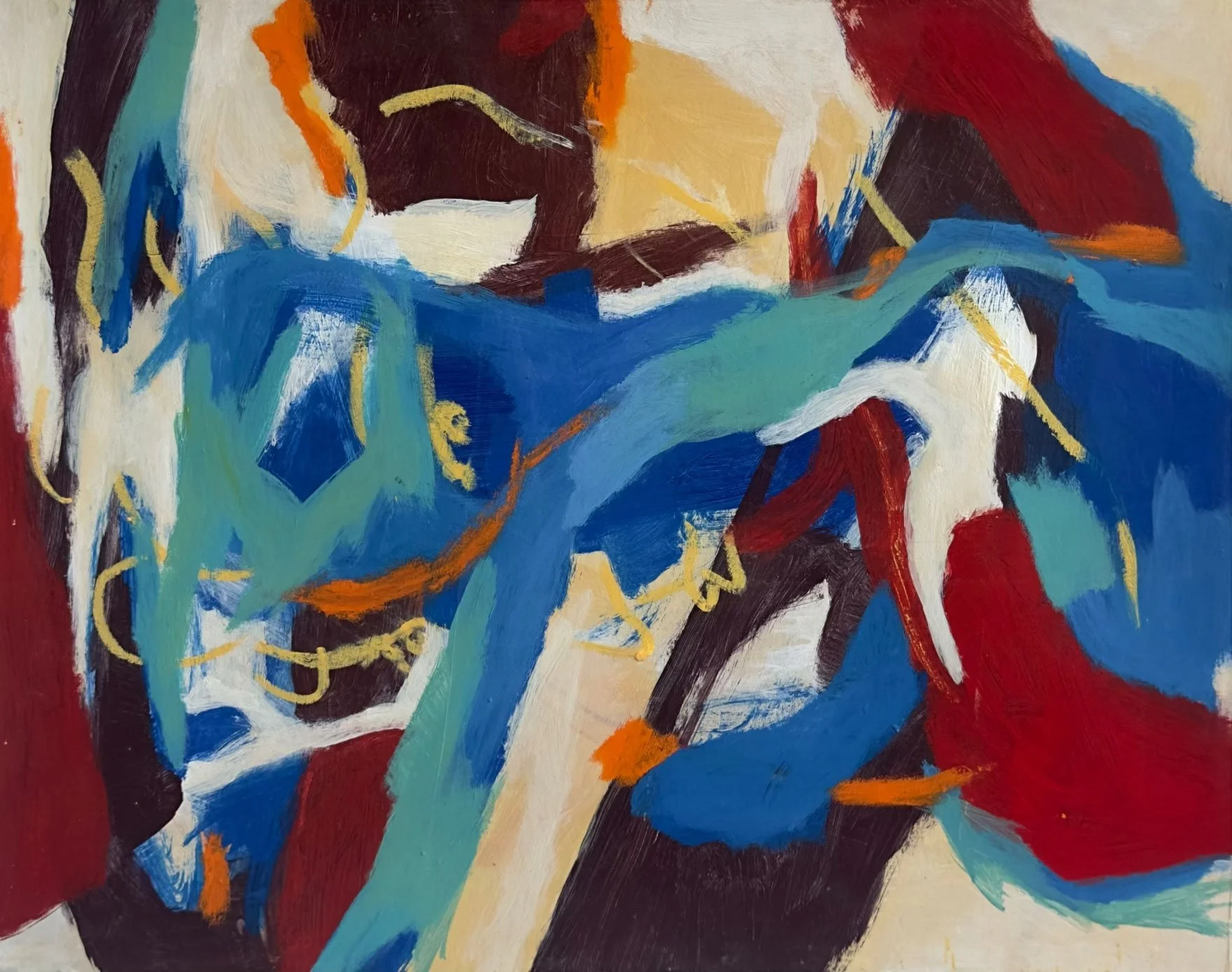 Abstract painting with bold strokes of blue, red, black, white, yellow, and orange colors.