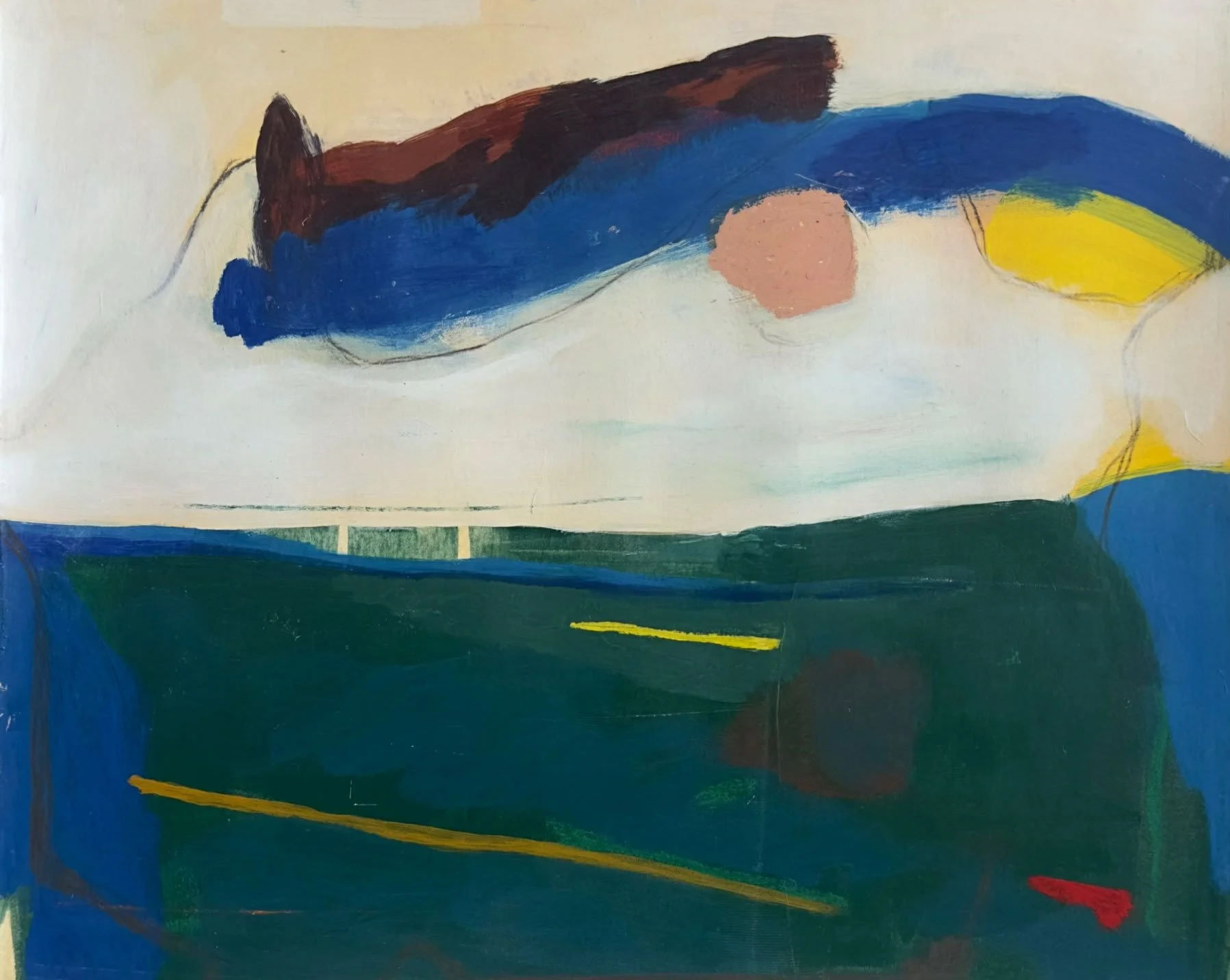 An abstract painting with large areas of blue, green, white, brown, and yellow colors.