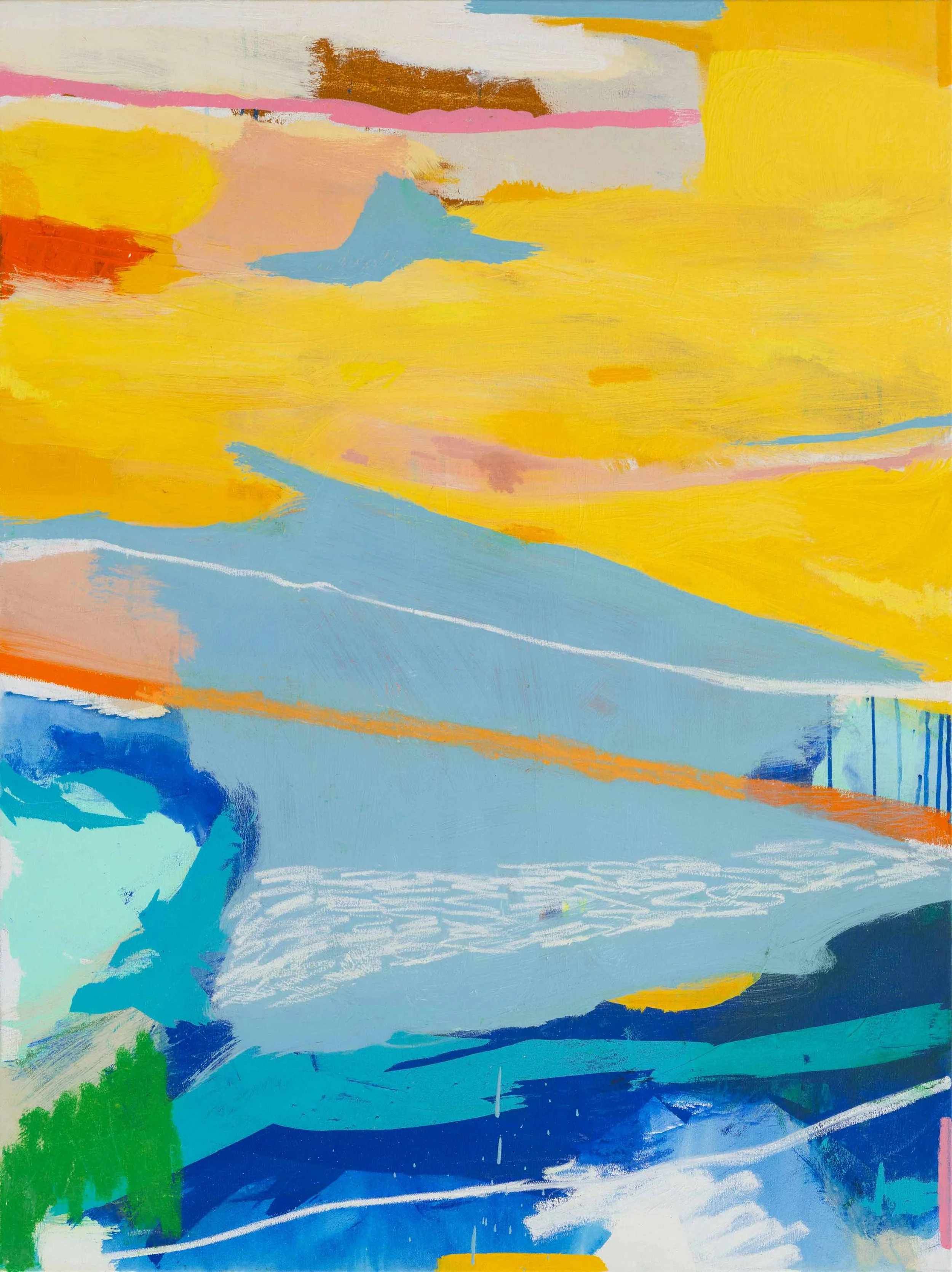 Abstract painting with bright yellow, blue, pink, orange, and green strokes and swirls.