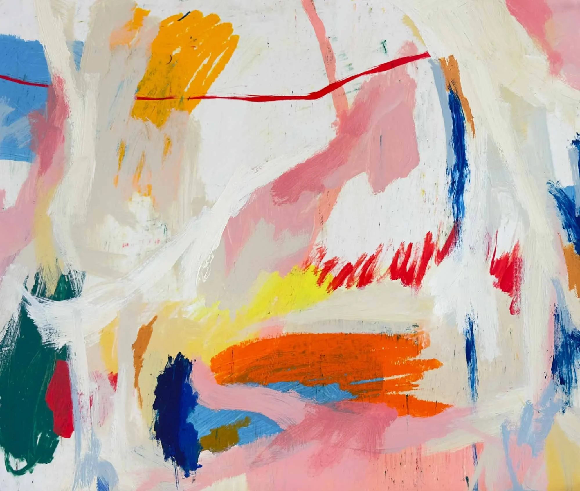 Abstract painting with bold strokes of yellow, orange, red, blue, green, pink, and white colors.