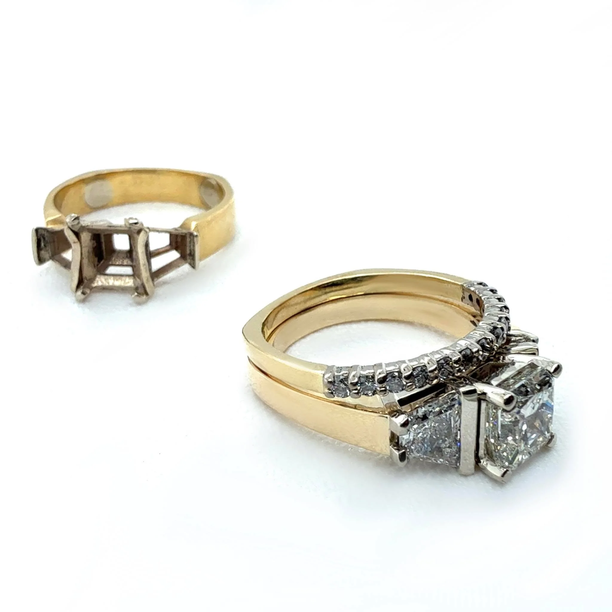 She loved the look of her original ring, but repeated issues with loose stones meant it was time for a rebuild.

We recreated the design with a more durable setting to securely hold her stones, plus a flat edge to allow a wedding band to sit flush al