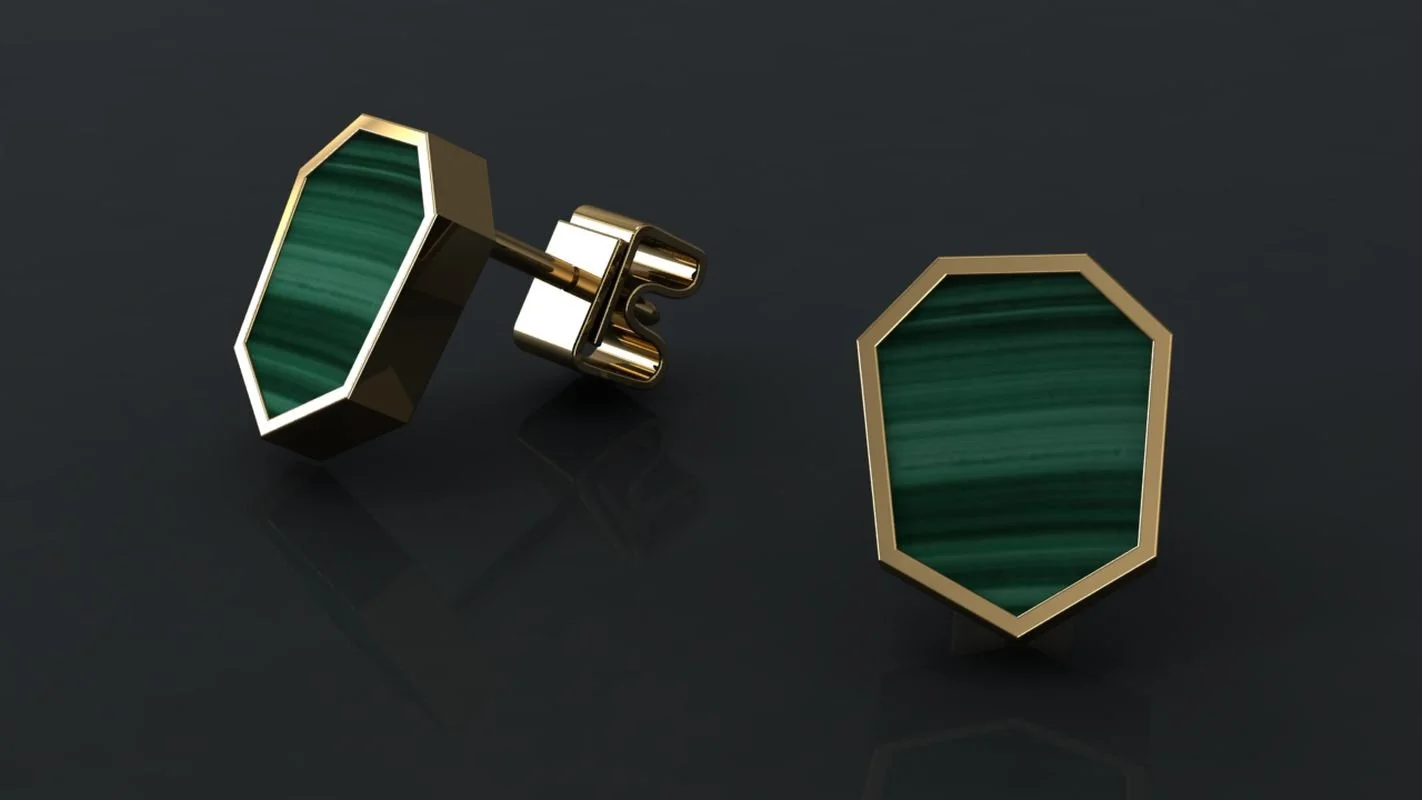 Neal Sebo - Malachite Custom Cut Stone Earring Stud Yellow Gold.jpg
