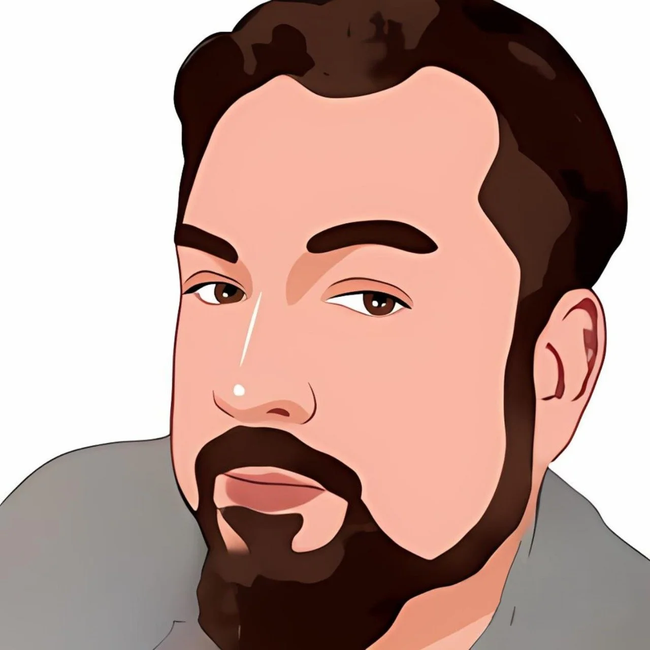 Illustration of a bearded man with short dark hair and a confident expression.